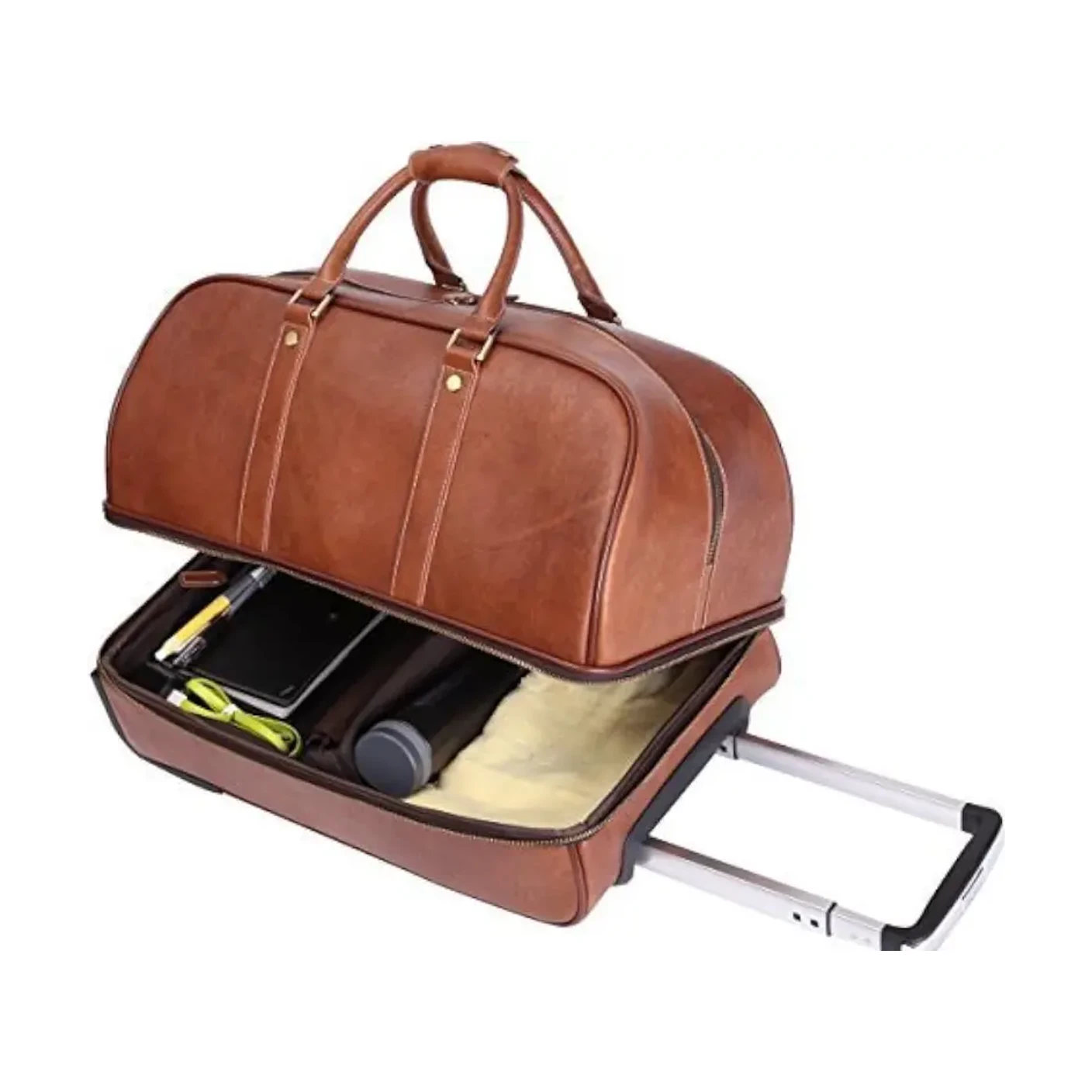 A tan leather holdall with a telescopic handle and a wheeled base
