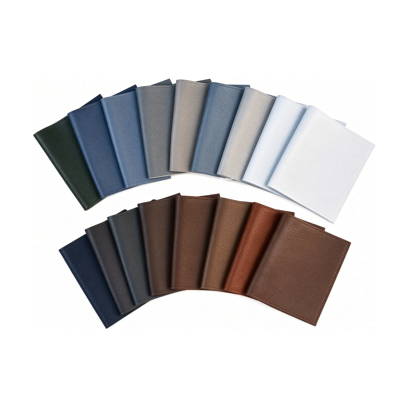 Two fans of folded leather panels in blue, grey, white and brown tones