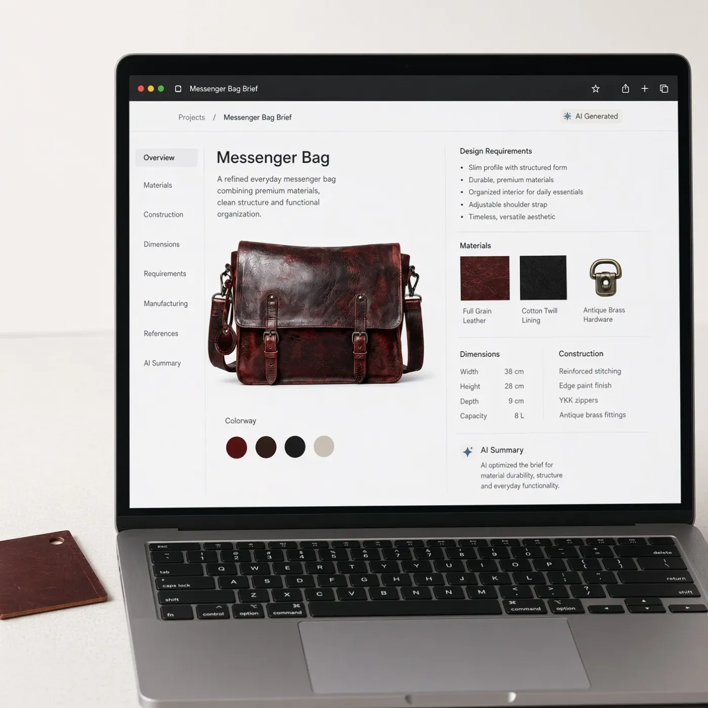 A laptop screen showing an AI-generated messenger bag brief with material swatches, a colourway row and a requirements list