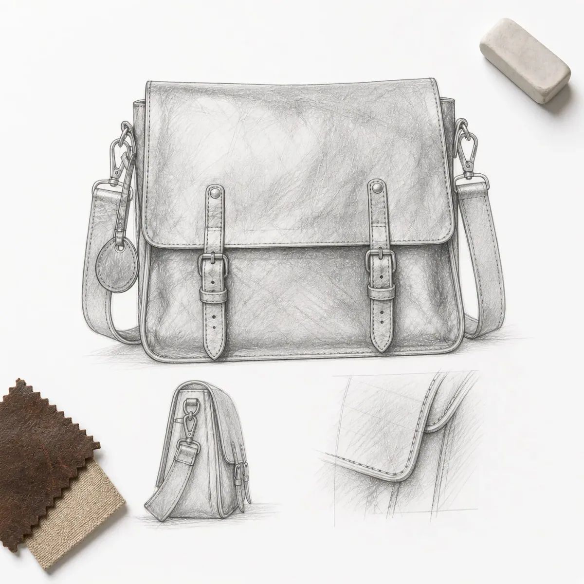 A pencil rendering of a leather flap messenger bag beside a colour swatch, a side view and a stitched-corner detail