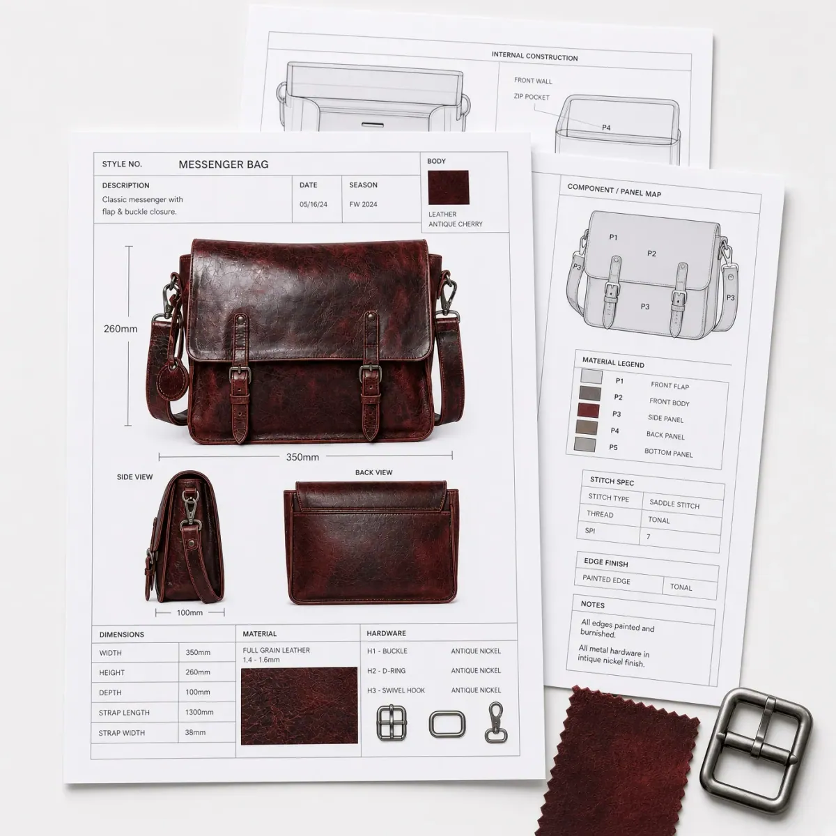 A printed messenger bag tech pack showing the front, side and back views with dimensions, a panel map and a hardware legend
