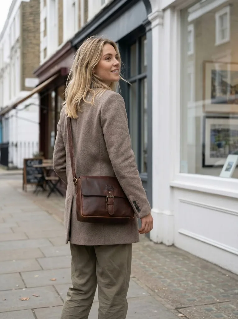 A brown leather flap messenger carried on the shoulder of a woman on a city pavement outside a shop window
