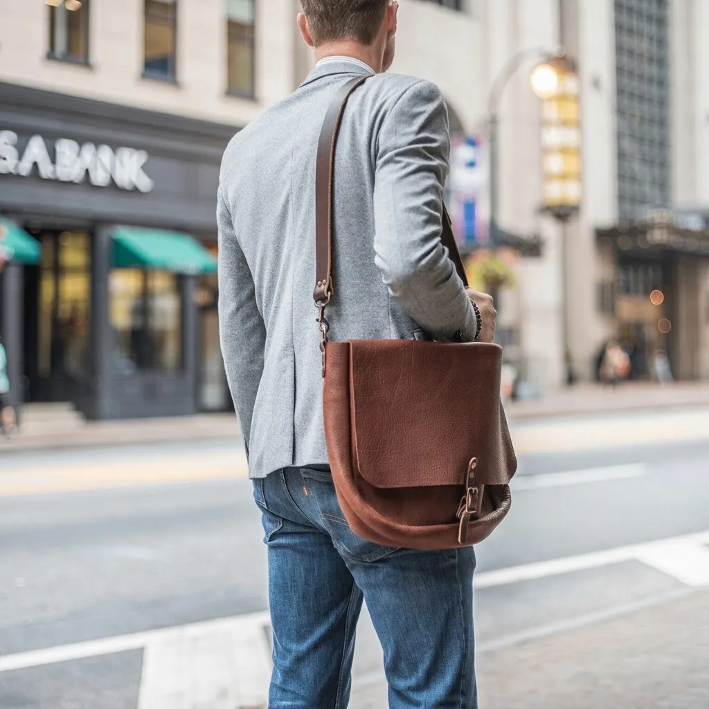 A brown leather messenger carried across the back of a man in a blazer on a busy street