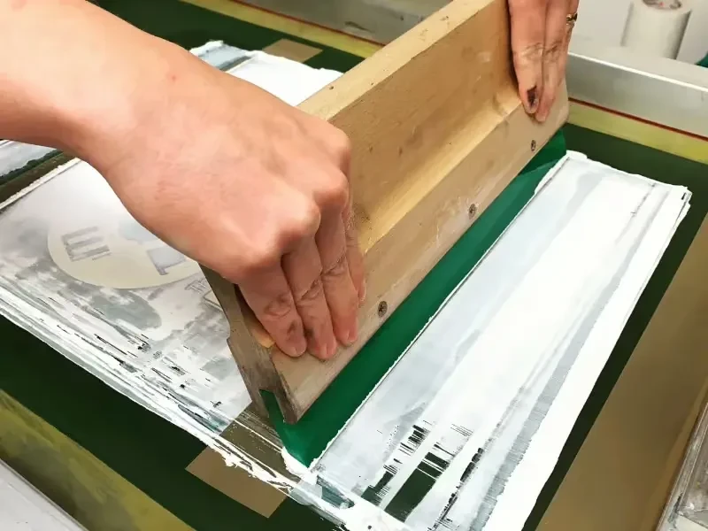 Hands pulling a squeegee across a silk screen to lay ink onto a panel in a printing frame