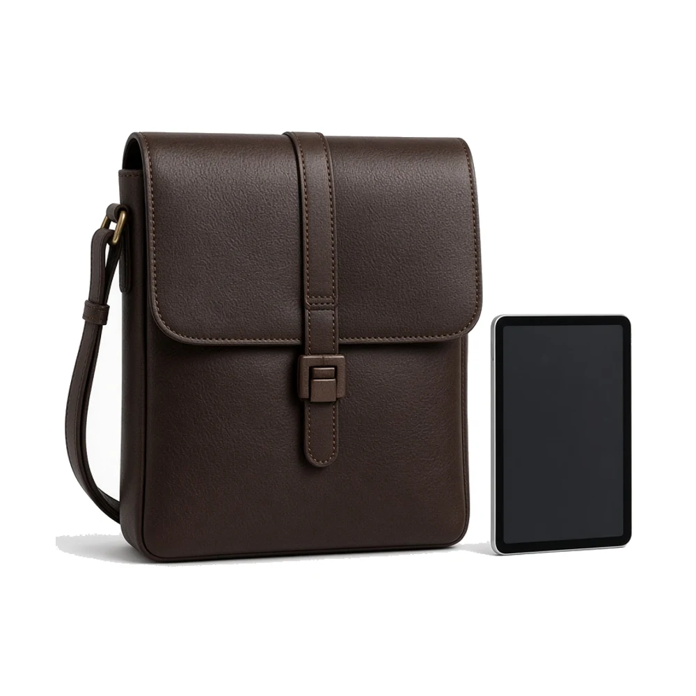 A brown leather flap messenger bag with a single centre buckle, standing beside a tablet that shows its compact size