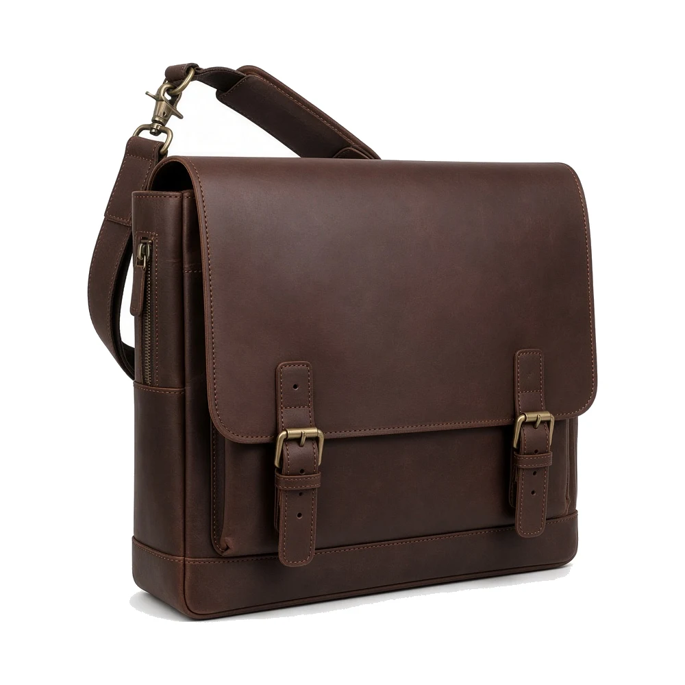 A large brown leather flap messenger bag with twin front buckles and a shoulder strap, showing its wide body