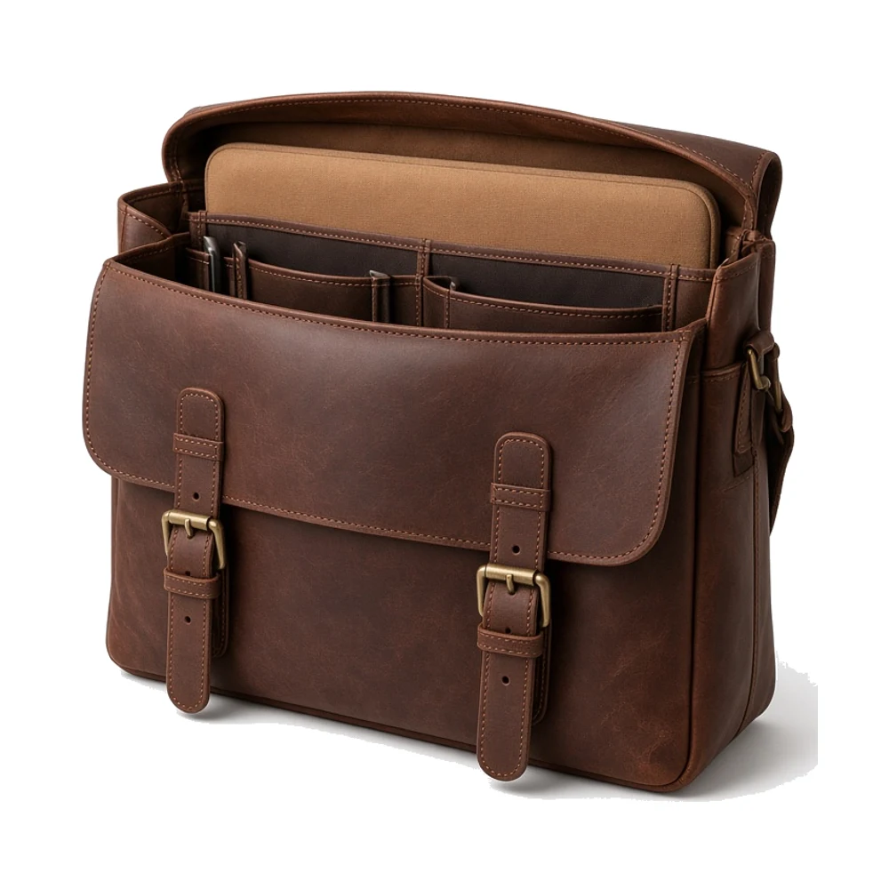 A brown leather messenger bag with the flap folded back, showing the padded laptop sleeve and the interior slip pockets