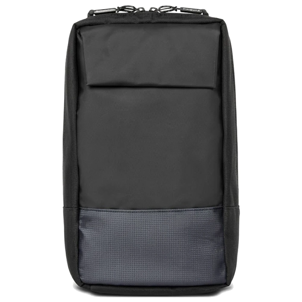 A black nylon crossbody sling with a fold-over flap, a zip pouch tucked underneath and a mesh panel on the lower front, on a single wide strap