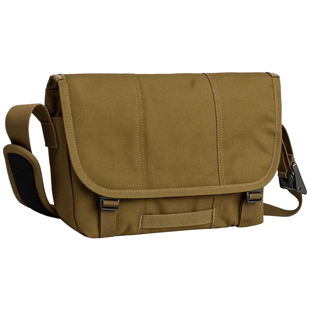 A khaki canvas messenger bag with a full-width flap closed by two buckles and a top grab handle, on a long strap