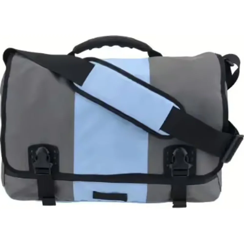 A navy and pale blue messenger bag with a flap closed by two side-release buckles and a two-tone webbing strap
