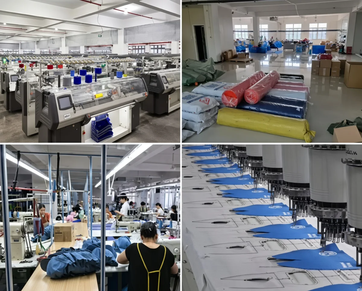 Inside the workshop — rows of computer-guided quilting machines, a fabric prep area, sewers along the line, and a multi-needle quilting head stitching blue panels