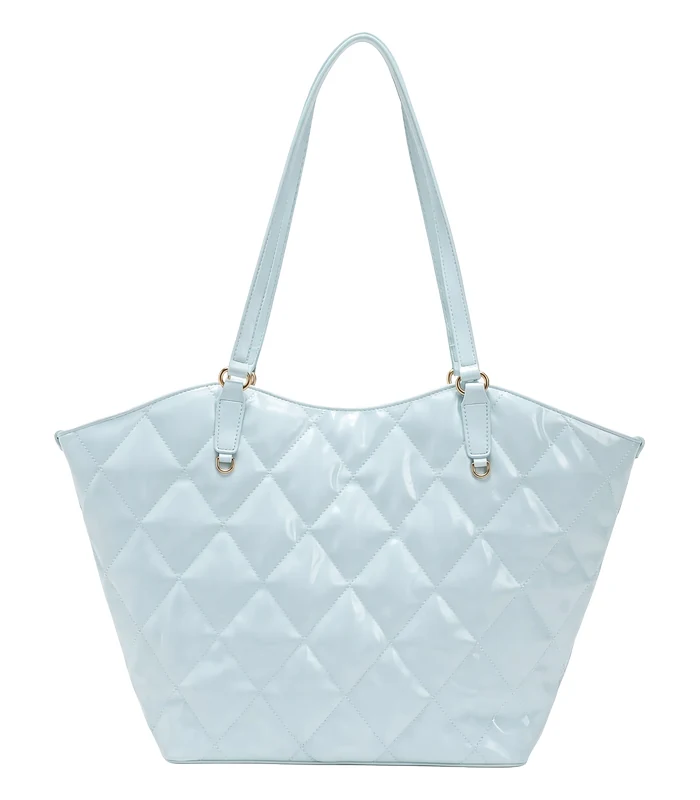 A pale blue diamond-quilted tote with long shoulder straps and gold D-rings, shown against a white studio ground