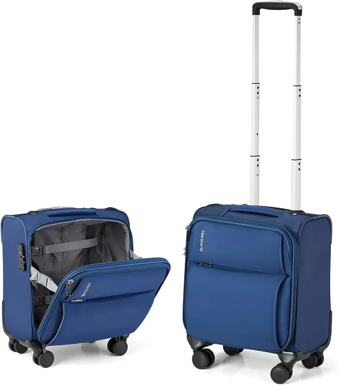Two navy cabin roller bags, one open to show internal straps, on a white studio ground