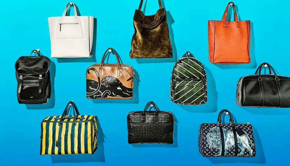 Eleven finished bags on a blue ground — totes, backpacks, handbags, a striped duffle and travel cases