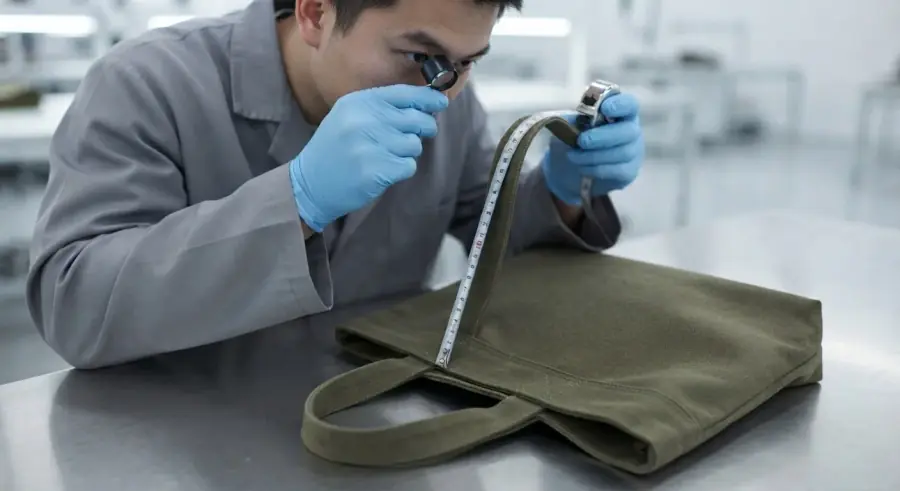 An inspector in white gloves measuring a finished olive tote against a reference sheet on a QC table