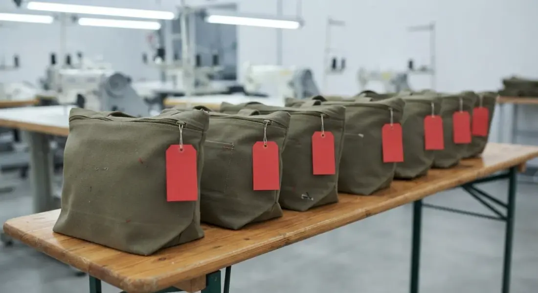 A row of finished canvas totes on the production bench with red rejection tags tied to the ones that failed inspection