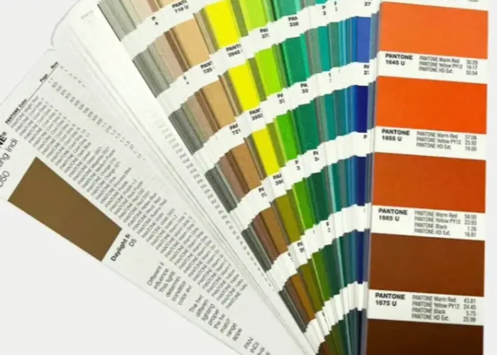 A Pantone colour fan opened across a desk, its swatch strips fanned from yellow through to deep red
