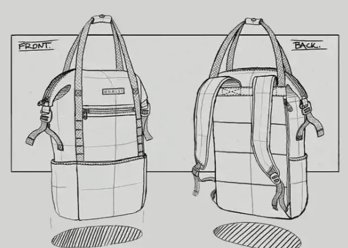 A plain black school backpack drawn as a technical specification sheet with dimension lines and callouts