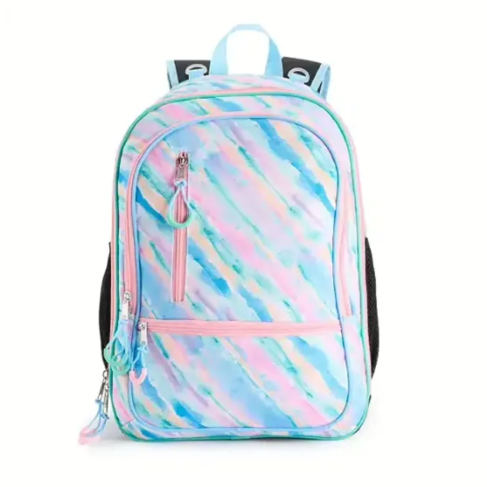 A mint backpack printed with a woven diamond face, carrying a diagonal front zip and twin side pockets