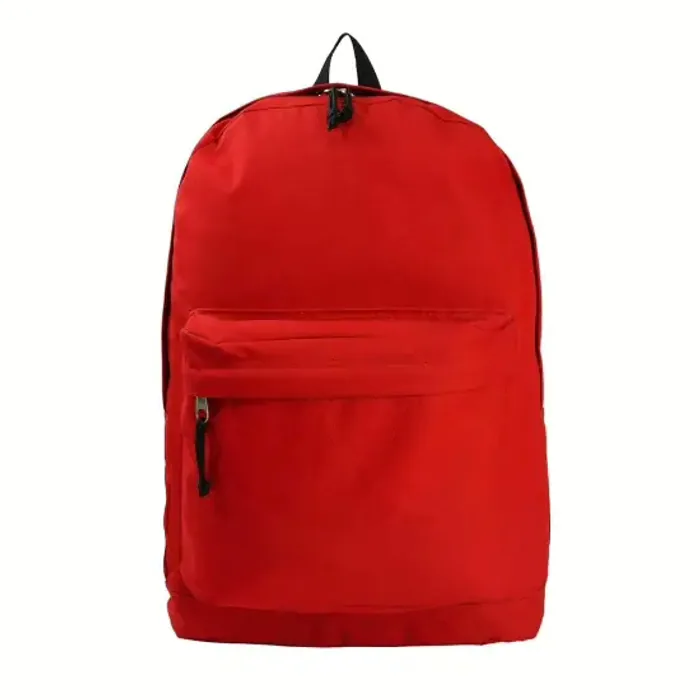 A plain red student backpack on a white ground, showing a double-zipped main compartment and a single front pocket