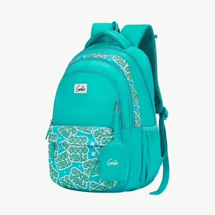 A teal kids backpack with a rounded top, a small front pocket and a printed face panel