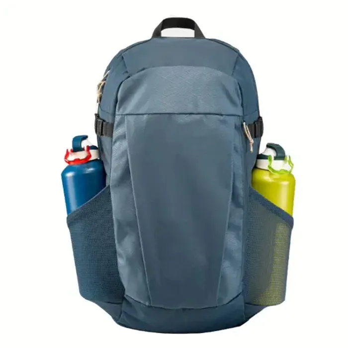 A slate-blue sports backpack with a mesh bottle pocket on both sides and a structured front panel