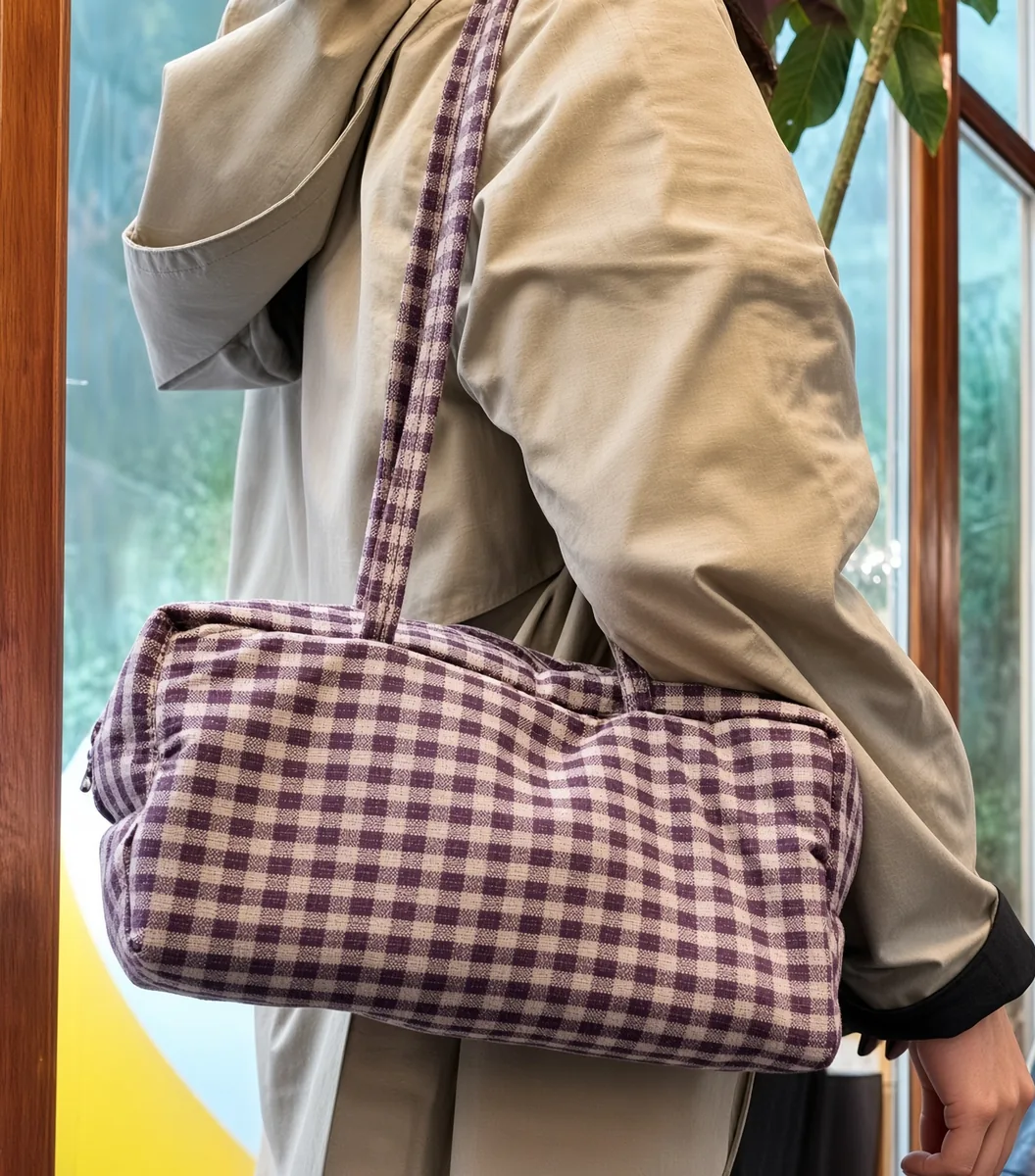 A checked holdall carried on the shoulder through a doorway