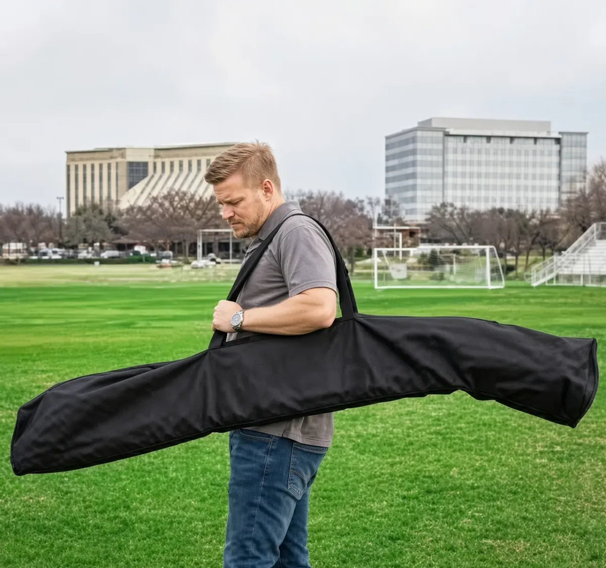 A man carrying a long black padded kit bag across a sports field, buildings behind