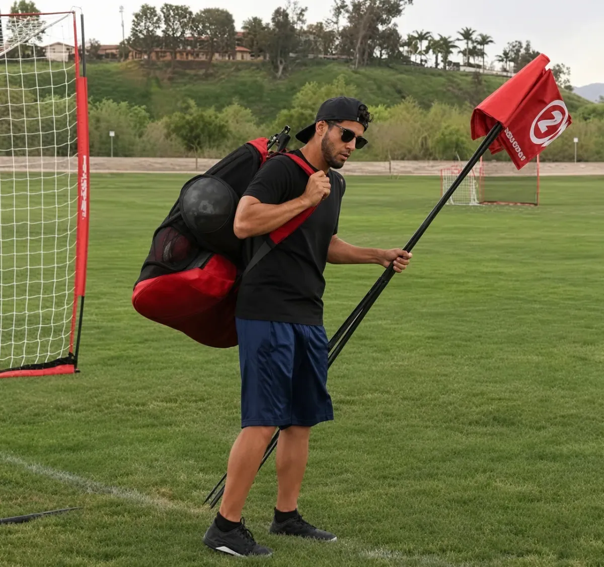 A lacrosse player on a pitch carrying a red duffle and a stick over one shoulder