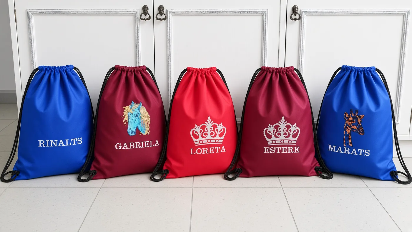 Five drawstring bags in blue, red and burgundy standing in a row, embroidered with names and motifs
