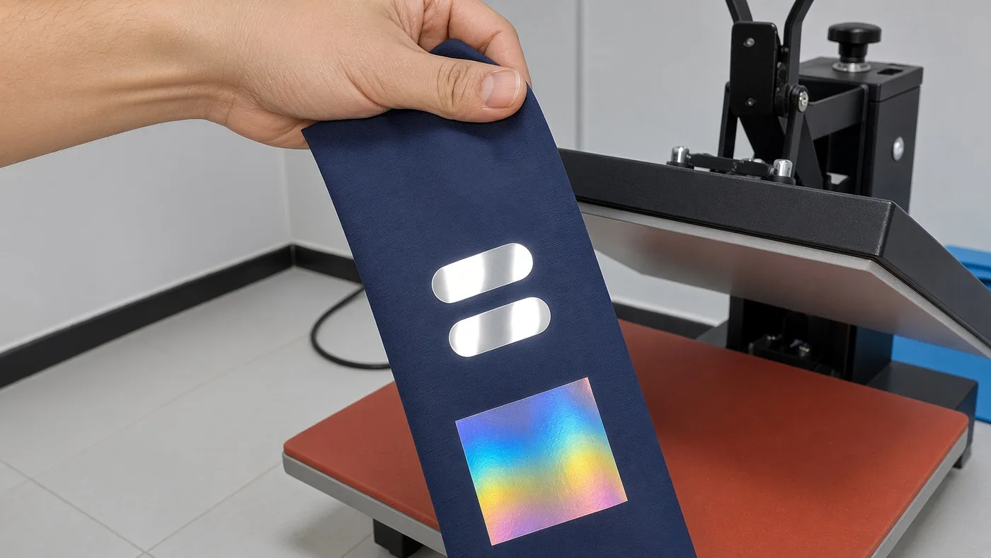 A hand holding a navy webbing strap printed with two reflective silver bars above a rainbow holographic patch, over a heat press