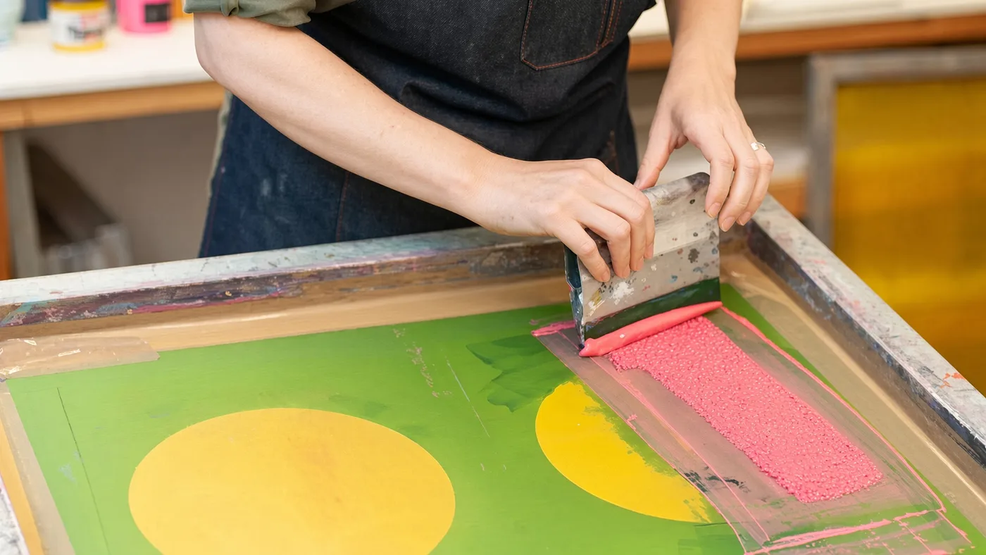Hands pulling a squeegee across a screen printing frame, laying pink ink onto a green mesh over the bench