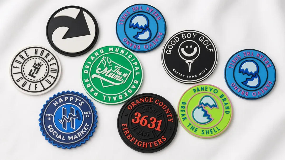 A flat-lay of nine moulded rubber and silicone bag badges in blue, black, green and white