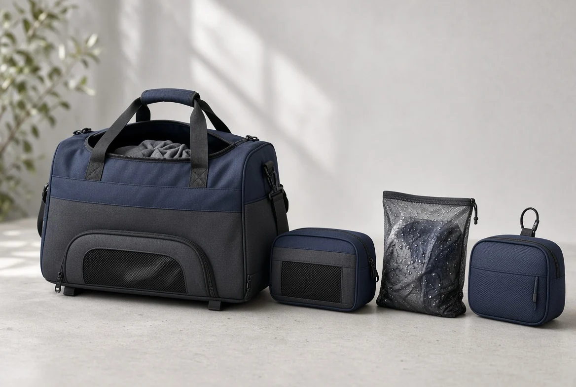 Gym essentials set: a navy-and-charcoal gym duffle with a vented base compartment, a matching shoe bag, a mesh wet bag and a wash bag with a hook loop.
