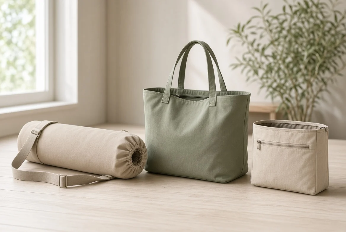 Studio set: a rolled mat bag on an adjustable strap, a sage open-top studio tote with an internal zip pocket, and a matching organiser pouch.