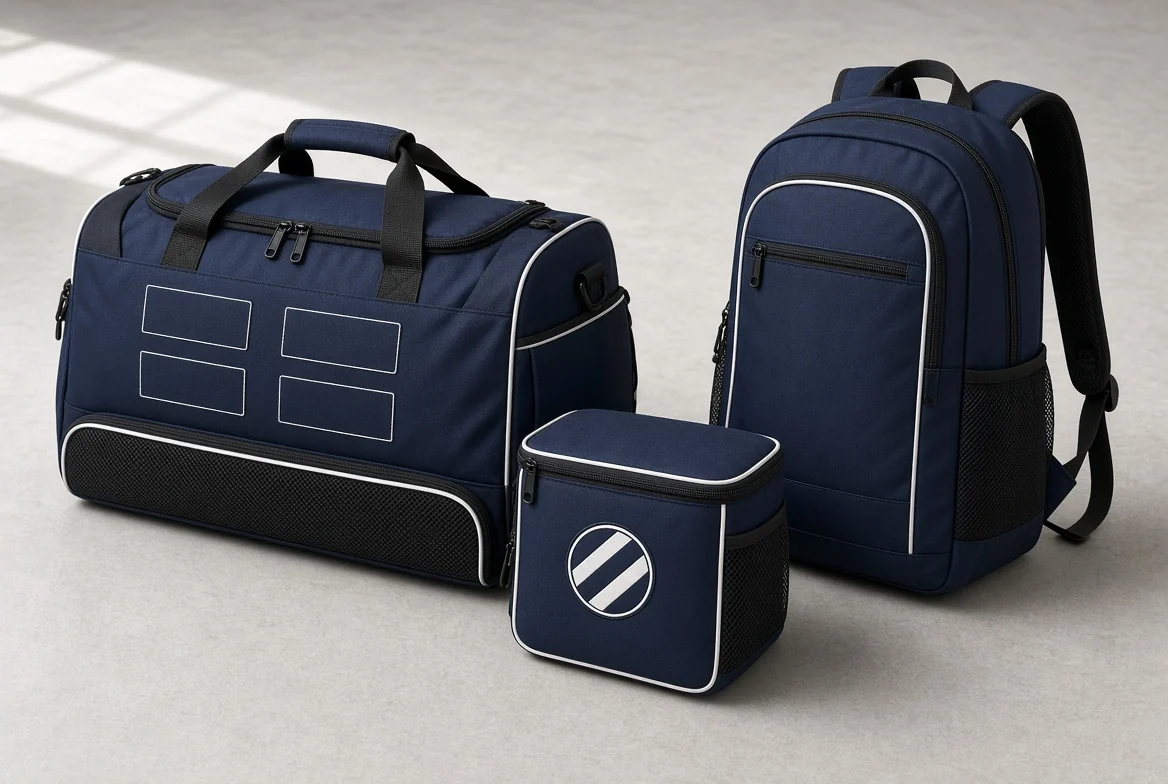 Team kit set: a navy team duffle with mesh boot compartment and blank marking panels, a boot bag carrying a club crest, and a 30 L training backpack.