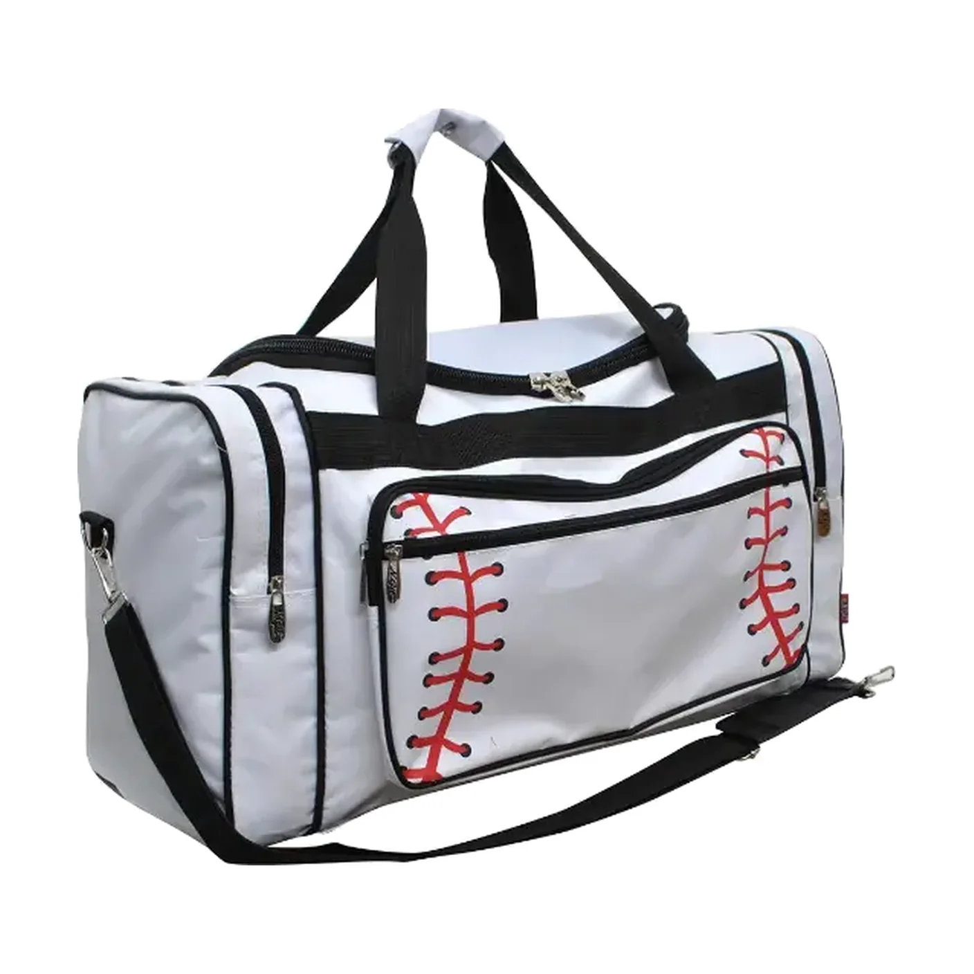 A grey baseball duffle with white end panels and red stitch detailing shaped like a baseball seam