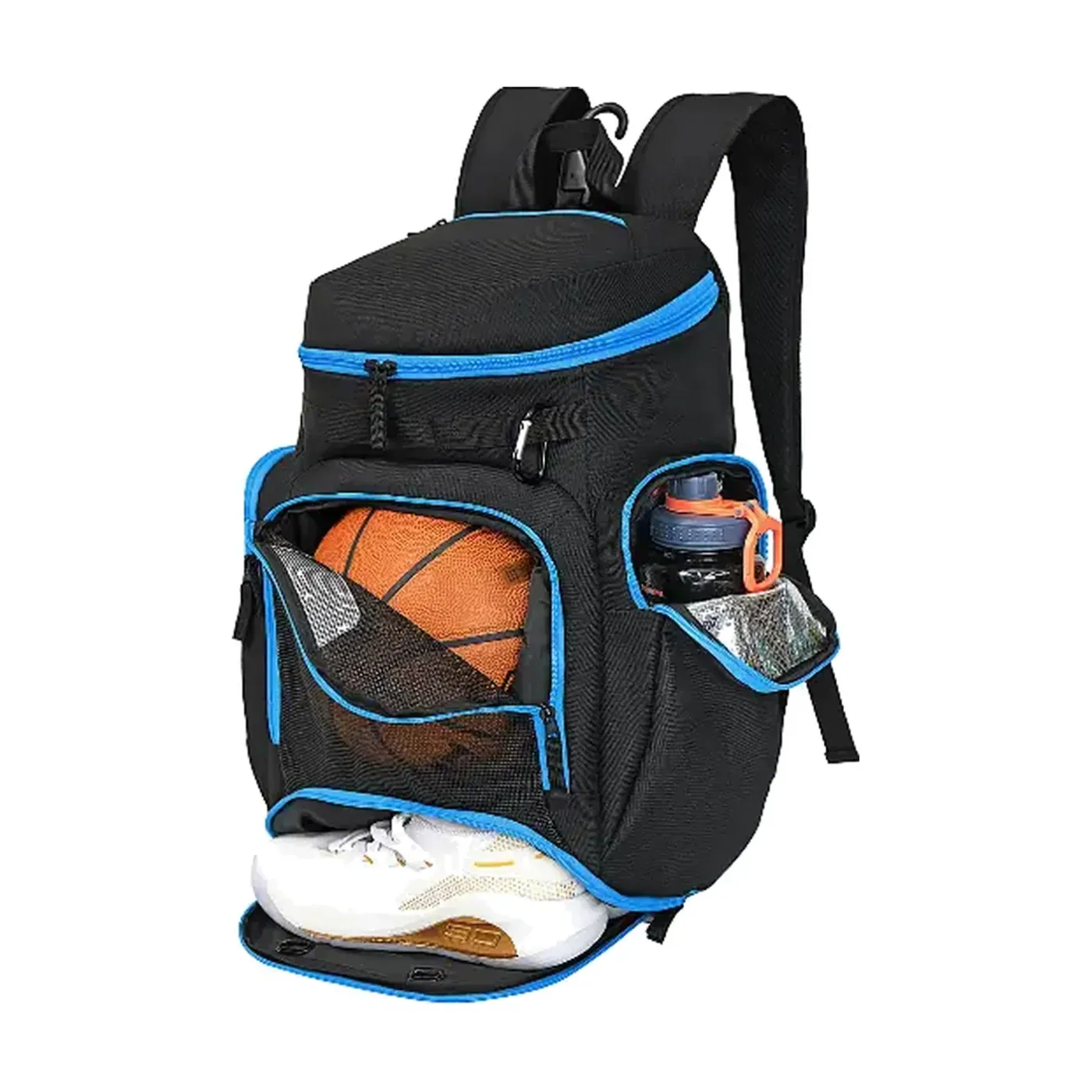 A black basketball backpack with a ball held behind a mesh panel on the front and pockets on both sides