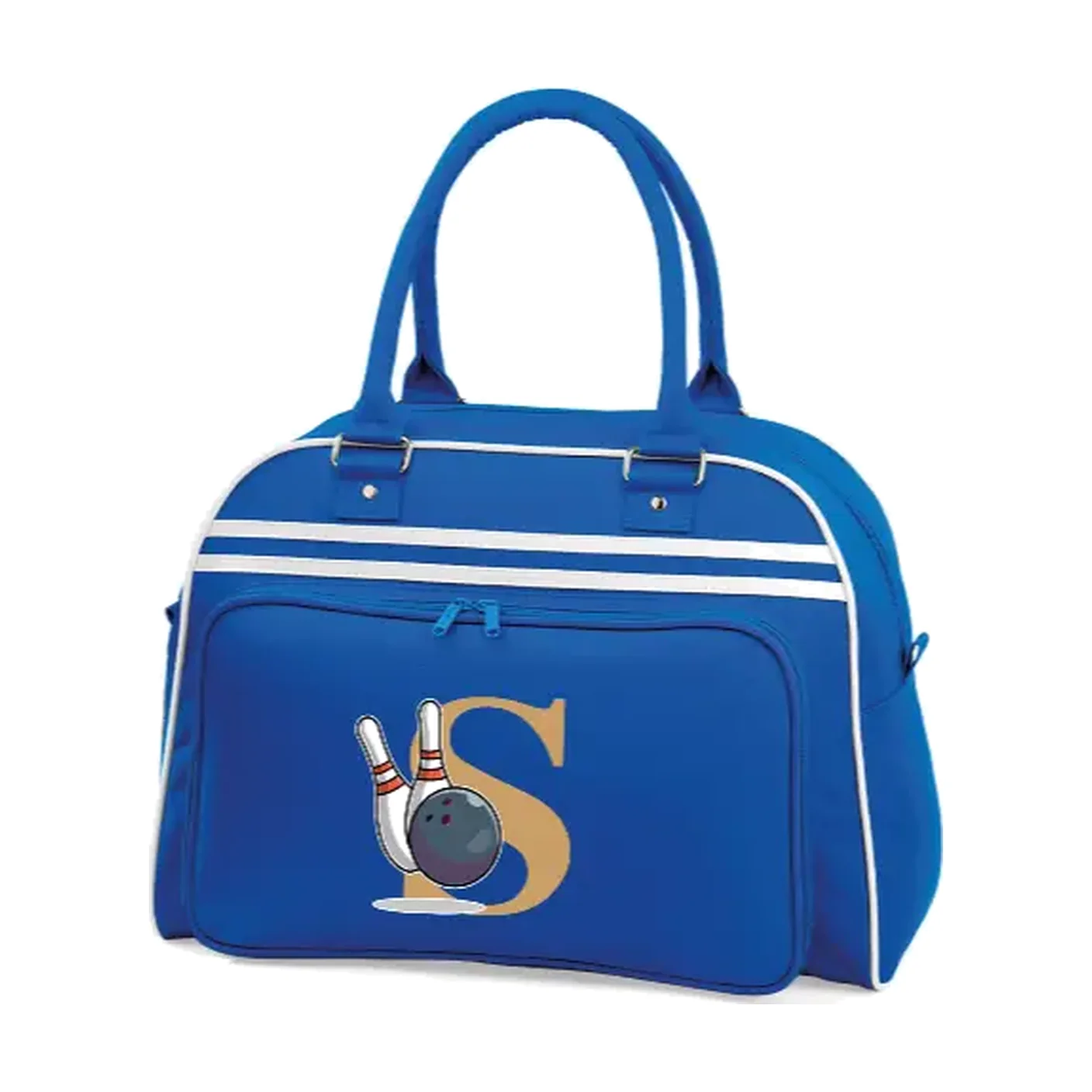 A blue bowling bag with white piping, twin handles and a printed ball-and-pins panel on the front