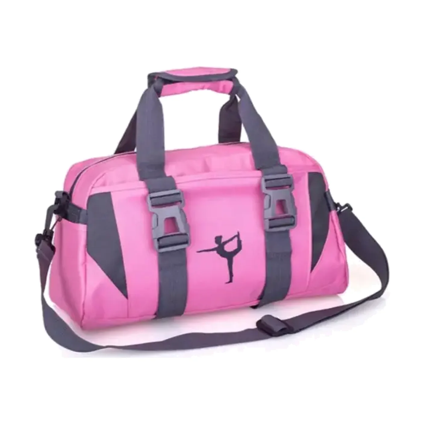 A pink dance duffle with grey webbing handles, a printed dancer motif and a wide soft body