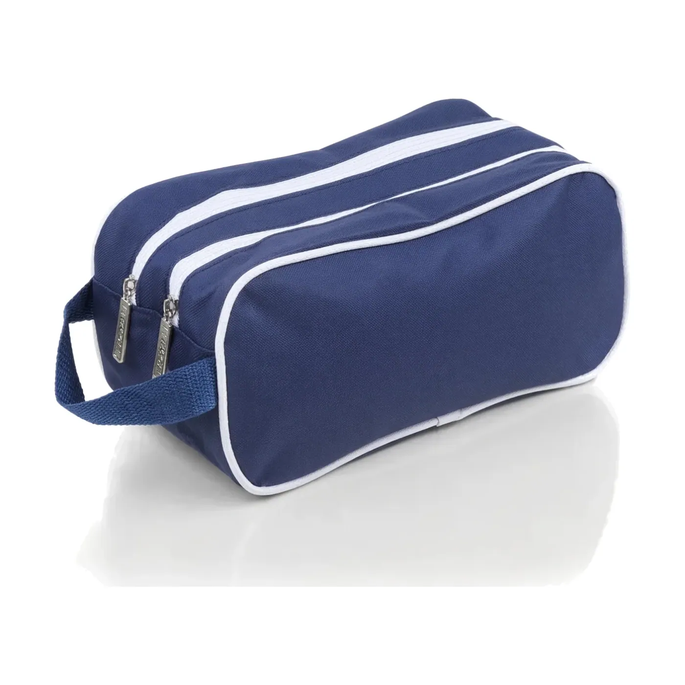 A navy hockey bag with two full-length parallel zips, white piped edges and a webbing grab loop on the end panel