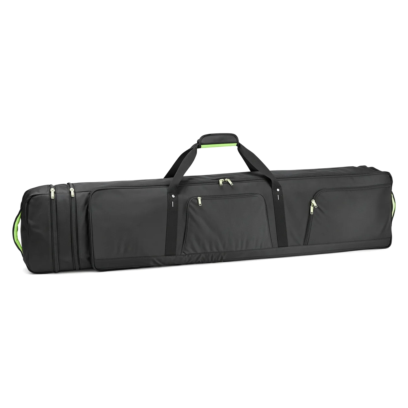 A long black ski bag with a padded centre handle, two zip pockets on the face and green piping along the seams