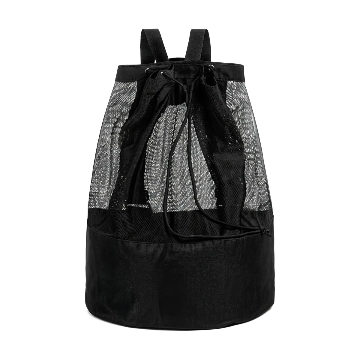 A black football kit carrier with a drawstring top, a mesh upper panel and a solid cloth lower section on shoulder straps
