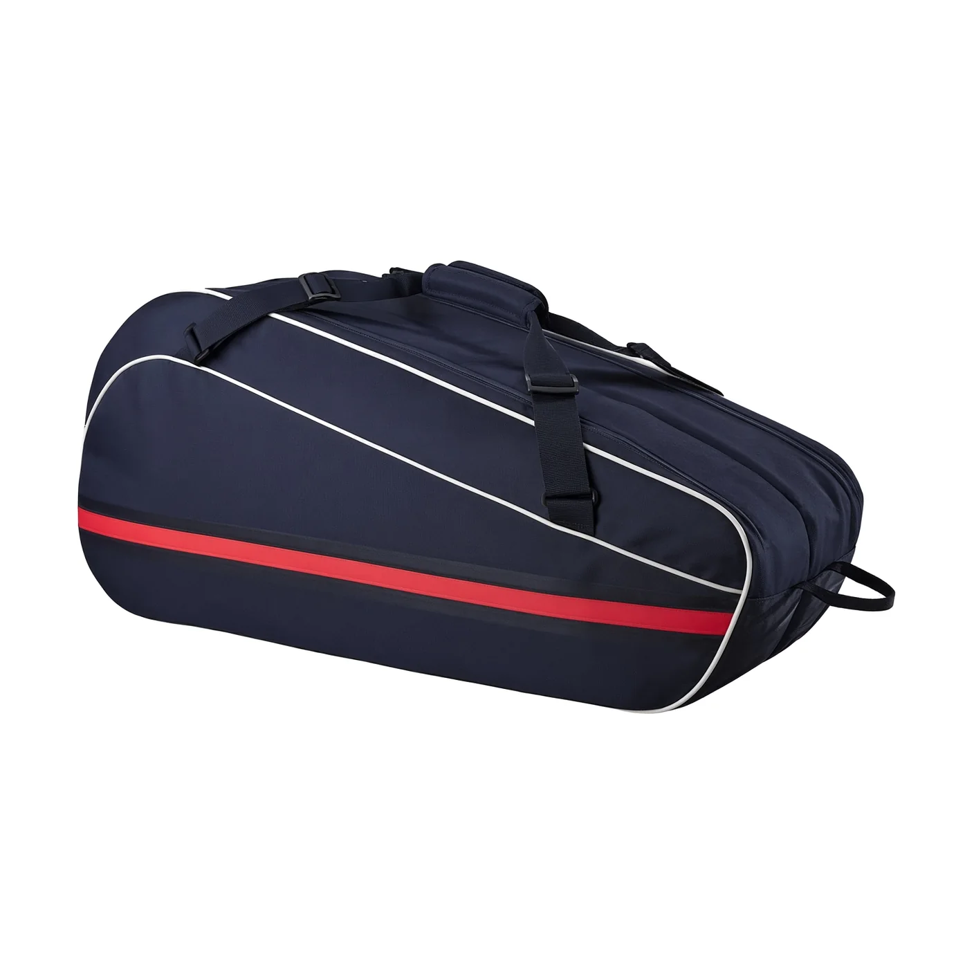 A navy tennis racquet bag with a red stripe along the base, a central carry handle and a shoulder strap across the top face