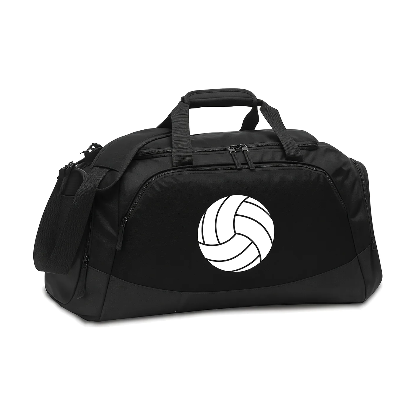 A black volleyball duffle with a printed volleyball graphic across the side panel