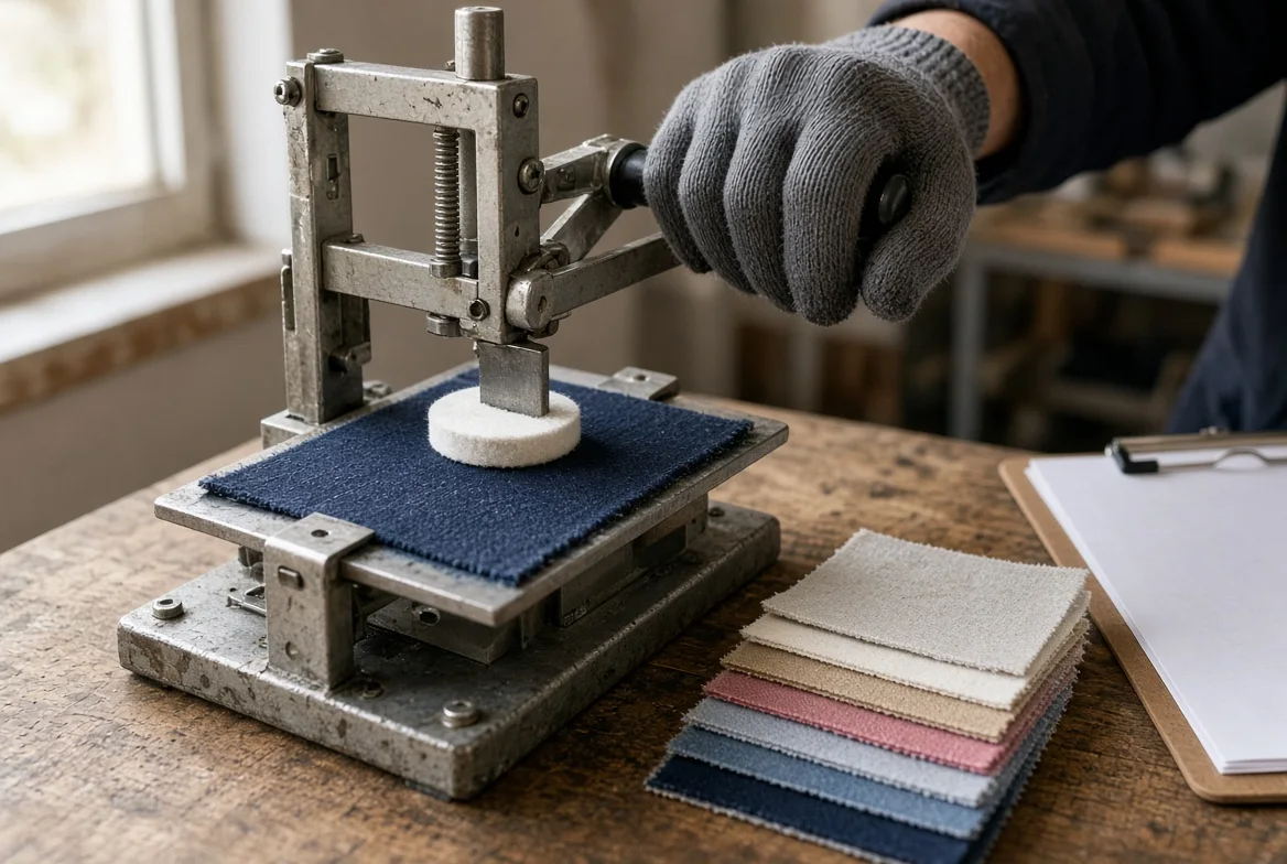 A gloved hand pressing a white felt pad against a navy fabric swatch on a bench-mounted rub tester, with a fan of coloured swatches beside it