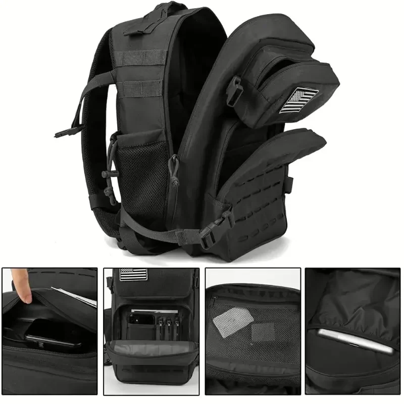 The front of a black tactical pack, its MOLLE webbing ladder covering the face and an open compartment showing an organiser laid out inside