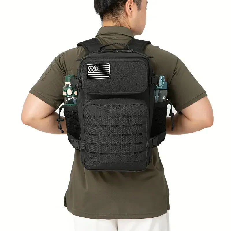 A person wearing a tactical pack from the back, showing the padded S-curve shoulder straps, the sternum strap and the contoured back panel