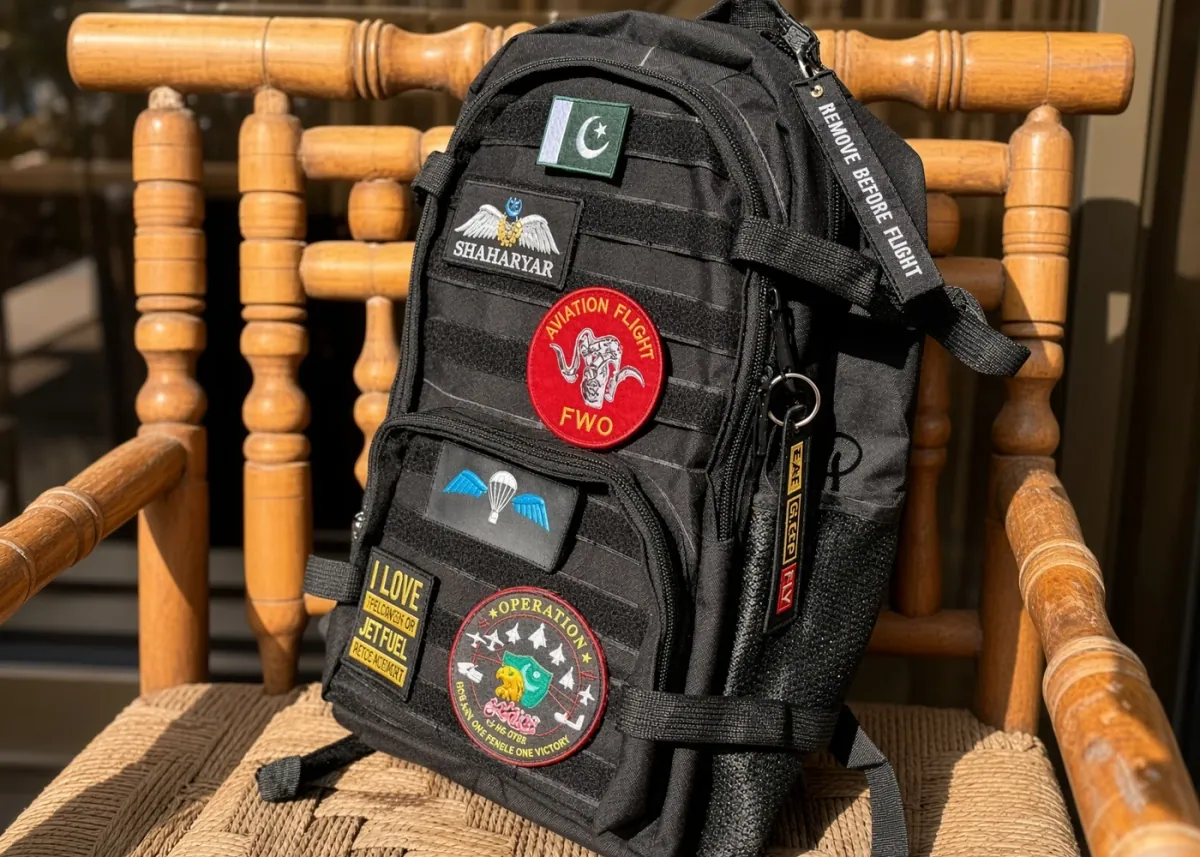 A black tactical pack on a wooden chair, its webbing face carrying removable hook-and-loop identification patches