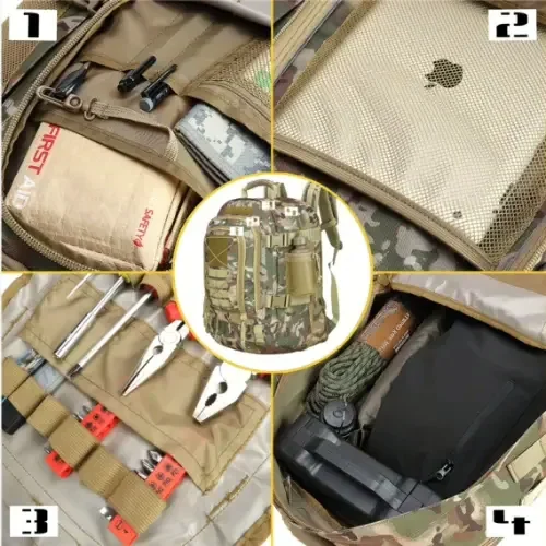 A layered view of tactical pack details: webbing straps, an open admin panel with tools, a buckle and a zip pull arranged around a pack body